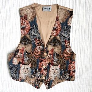 Vintage Cats Tapestry Vest Facets by Mirrors 90s Novelty Cat Print quirky